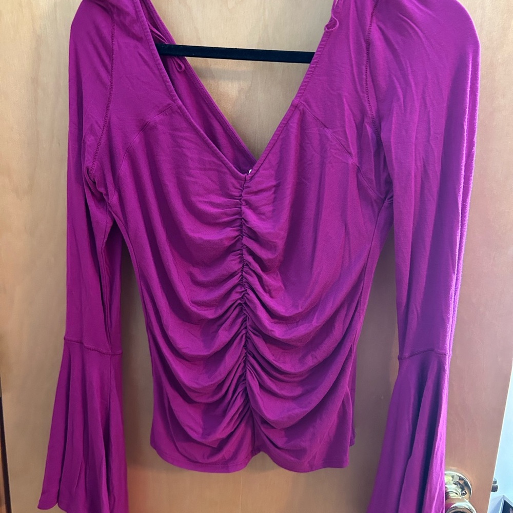 Free People Ruched V-Neck Long Sleeve Top in Magenta